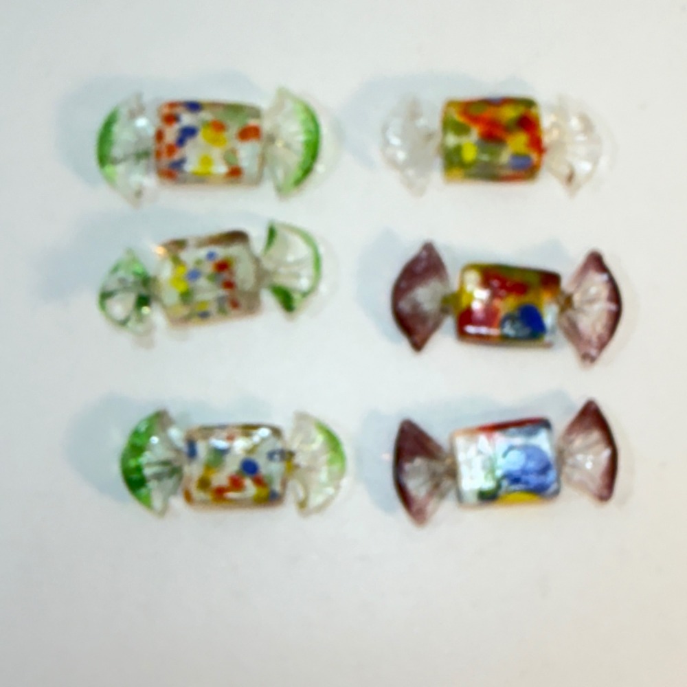 Art Glass Candy Set 6 Pieces Rainbow Dots Hand Blown Decor Vintage Bowl Fillers